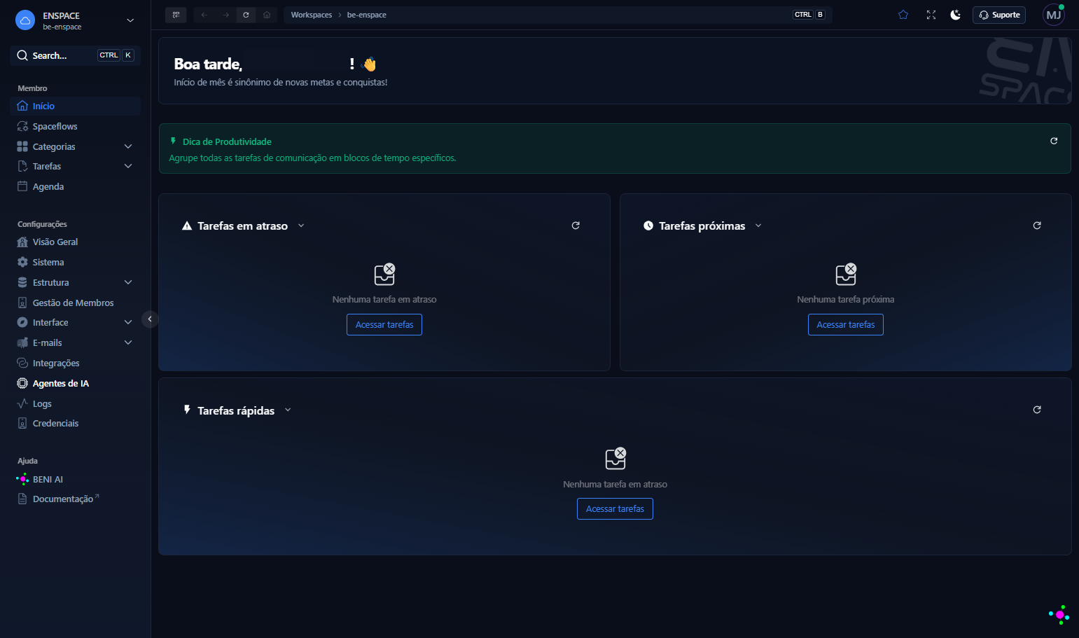 Clique em Agentes de IA, no menu lateral esquerdo do ENSPACE