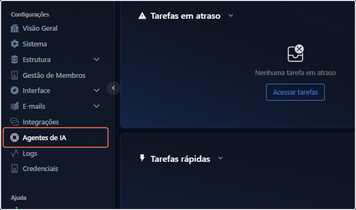 Clique em Agentes de IA, no menu lateral esquerdo do ENSPACE