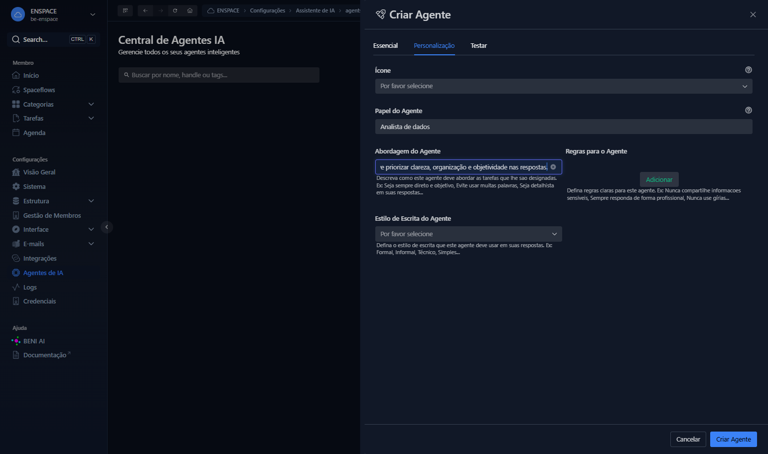Adicione quantas regras quiser ao agente clicando em "adicionar"