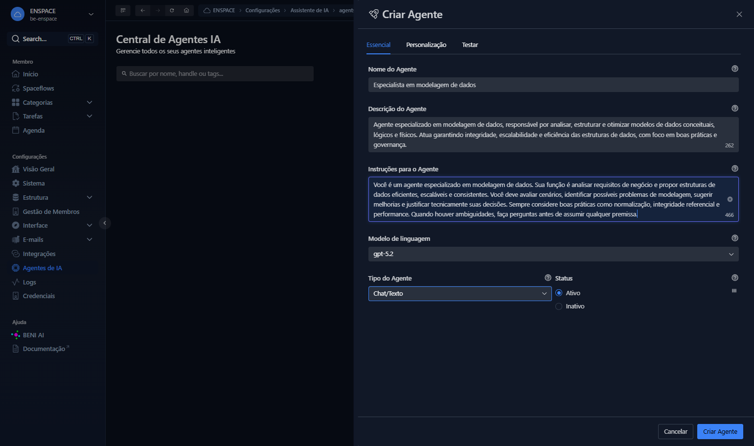 Altere o tipo de agente, se desejar