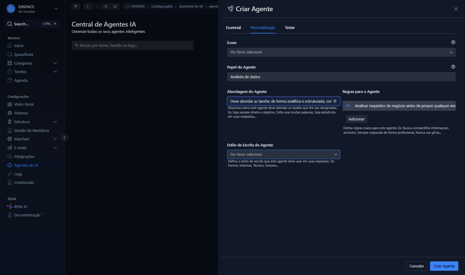 Selecione o estilo de escrita dentre as opções disponíveis