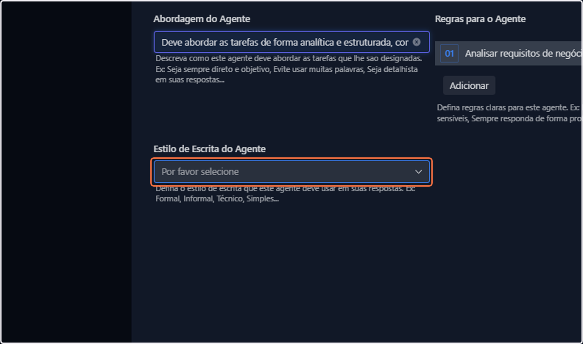 Selecione o estilo de escrita dentre as opções disponíveis