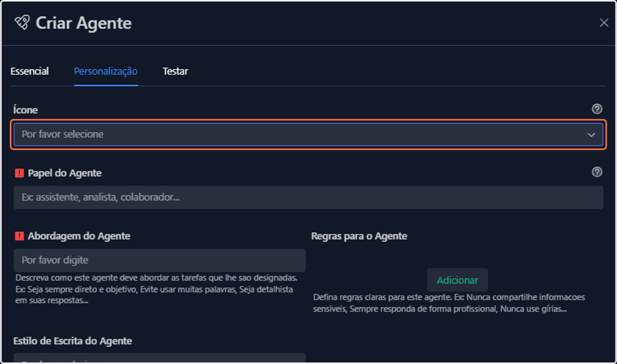 Selecione um ícone para o seu agente, se desejar