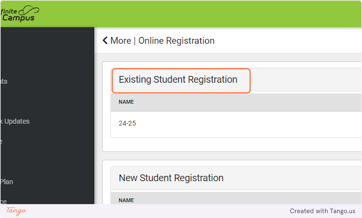 Go To Existing Student Registration