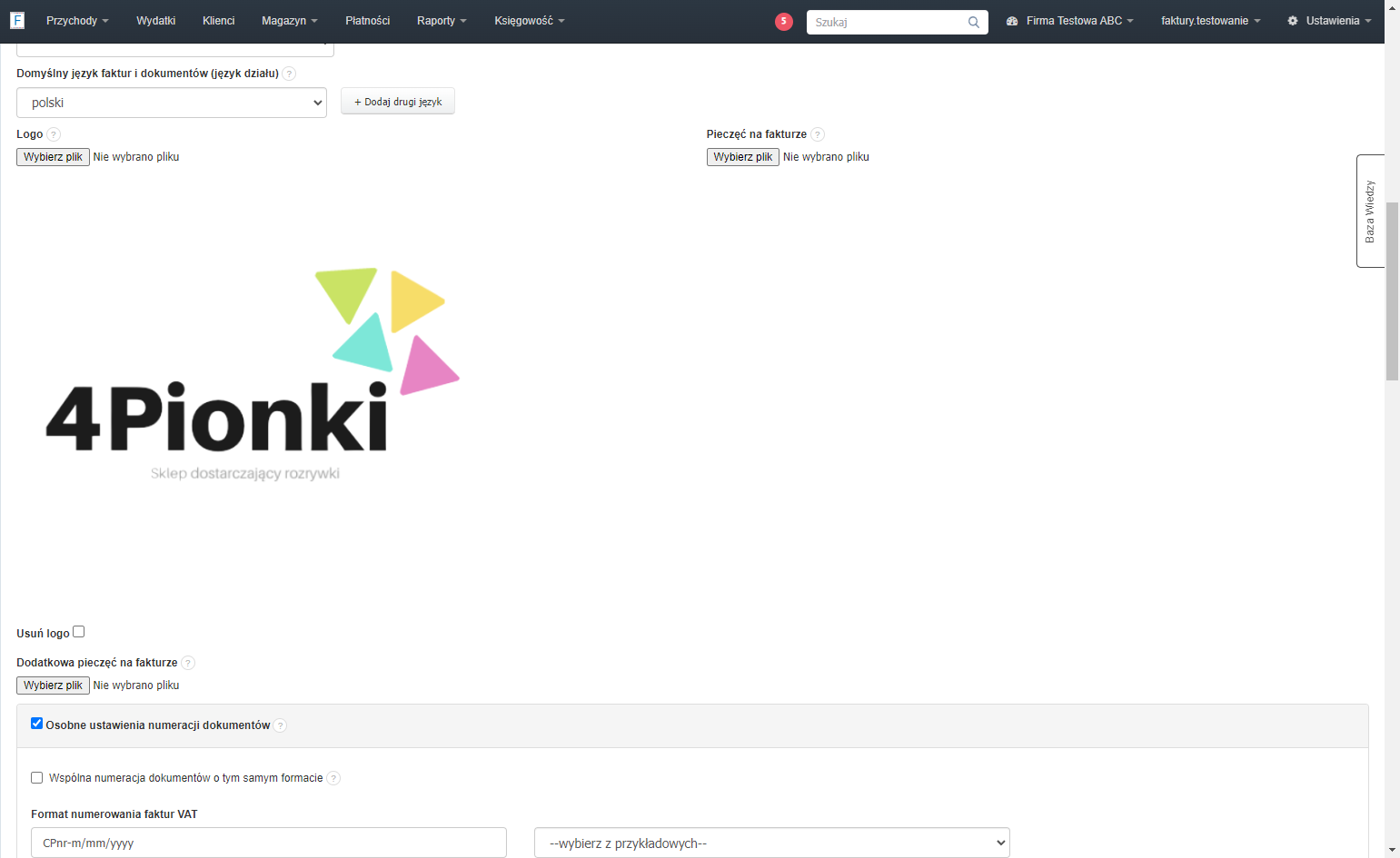 Po ponownym przejściu do formularza edycji danych firmy widoczne jest wgrane logo. Na dokumentach wystawianych dla tej firmy widoczne będzie to logo.
