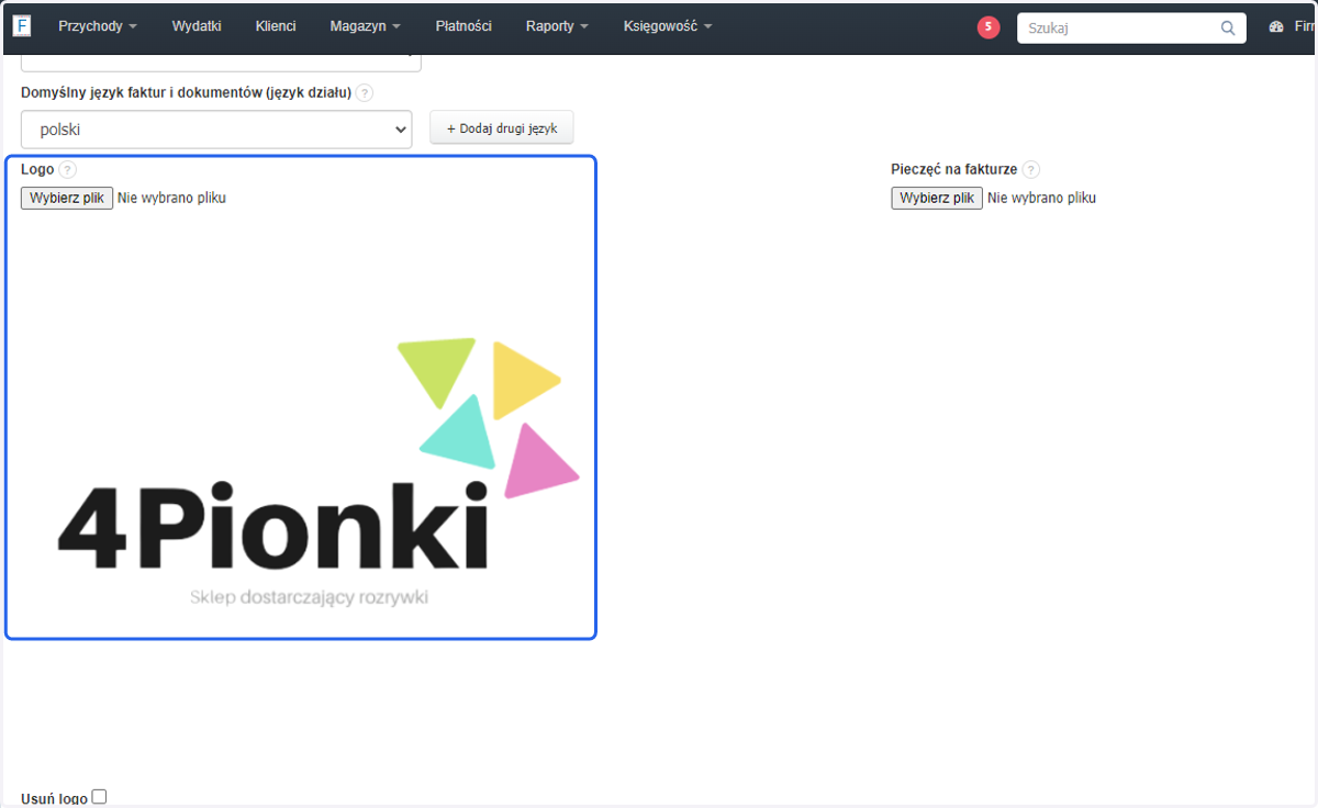 Po ponownym przejściu do formularza edycji danych firmy widoczne jest wgrane logo. Na dokumentach wystawianych dla tej firmy widoczne będzie to logo.
