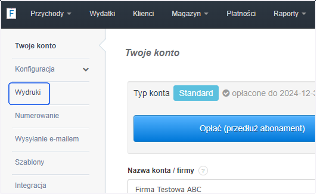 Z szarej belki po lewej stronie wybierz opcję 'Wydruki'.