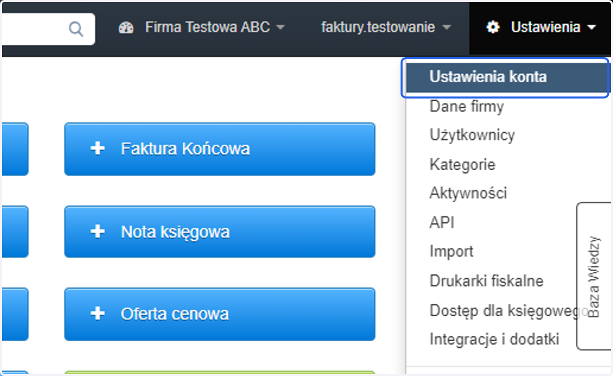 Następnie z listy wybierz 'Ustawienia konta'.