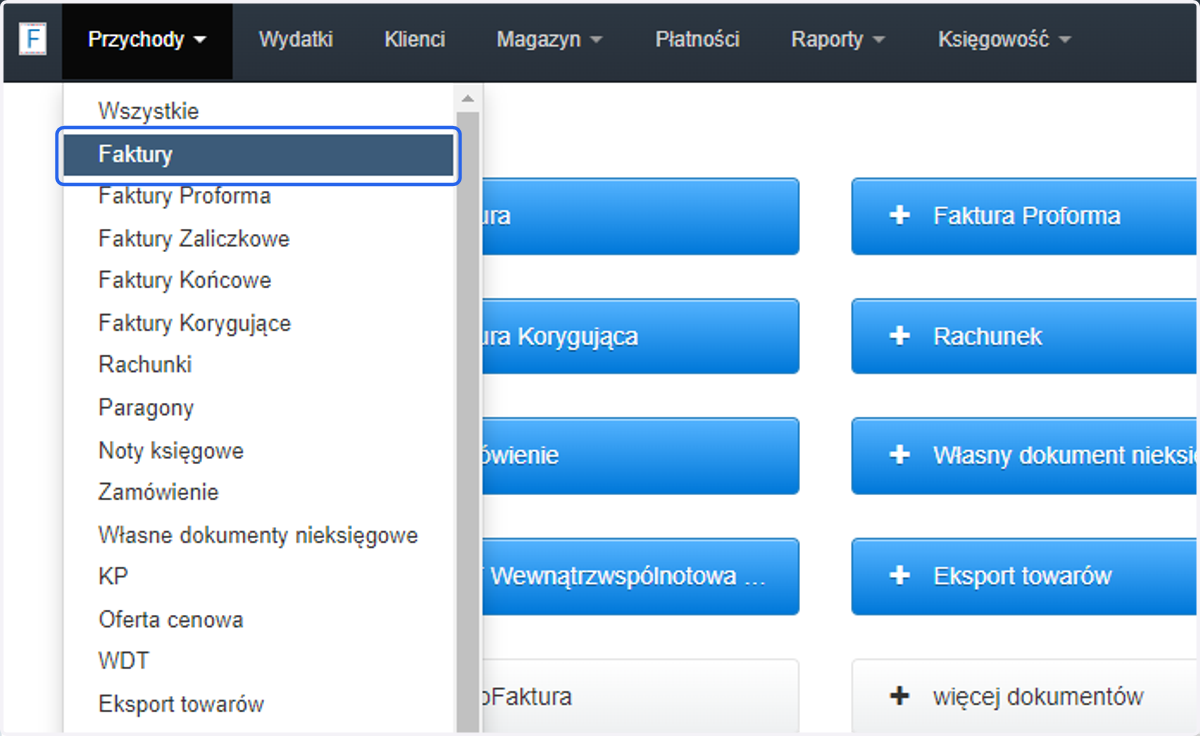 Następnie z listy wybierz typ dokumentu, z poziomu którego chcesz dodać logo. W naszym przykładzie są to faktury VAT.