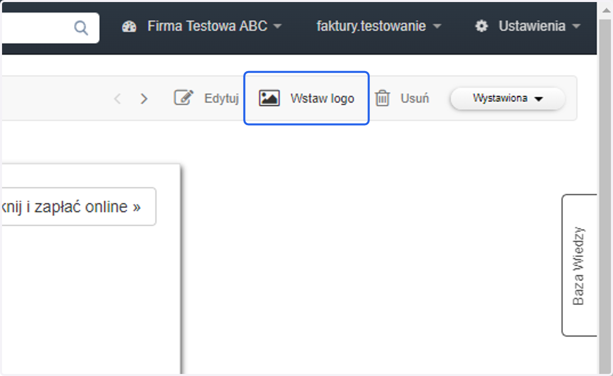 Z menu podręcznego ponad dokumentem wybierz opcję 'Wstaw logo' i wgraj plik graficzny z dysku urządzenia.
