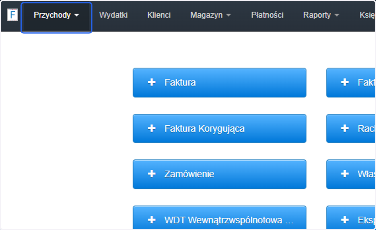 Logo możesz dodać również bezpośrednio z poziomu wystawionego dokumentu. Przejdź do zakładki 'Przychody', by dodać logo z poziomu faktury.