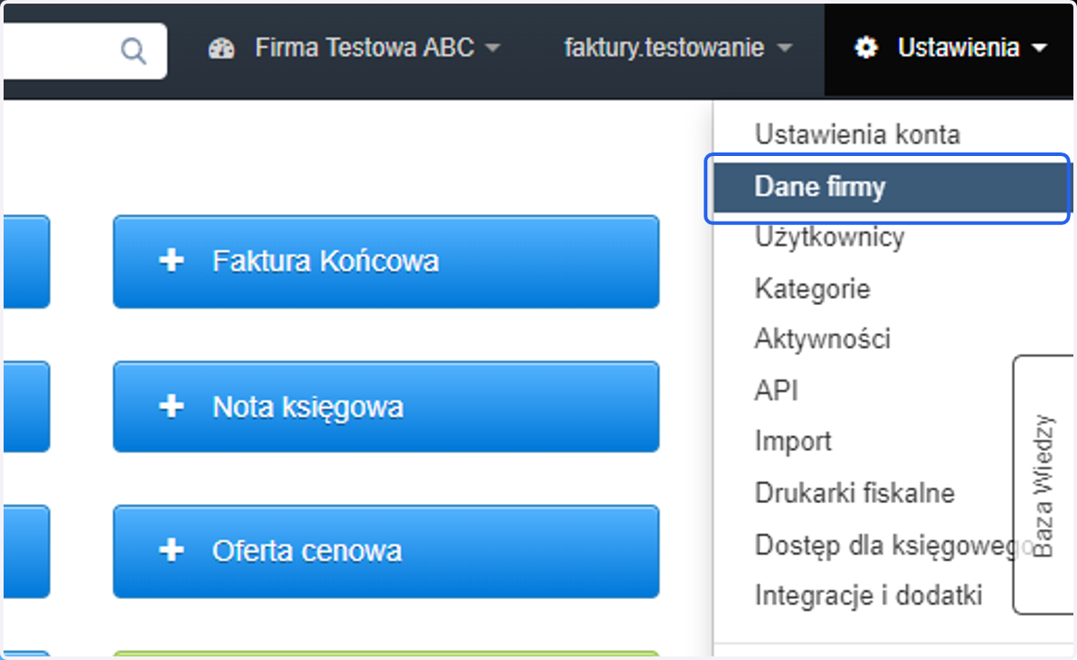 Następnie z listy wybierz 'Dane firmy'.