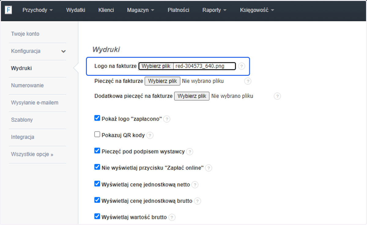 Przy opcji 'Logo na fakturze' kliknij przycisk 'Wybierz plik' i wgraj przygotowany wcześniej plik graficzny w wymaganym formacie. Jeśli plik zaczyta się poprawnie, system wyświetli jego nazwę.