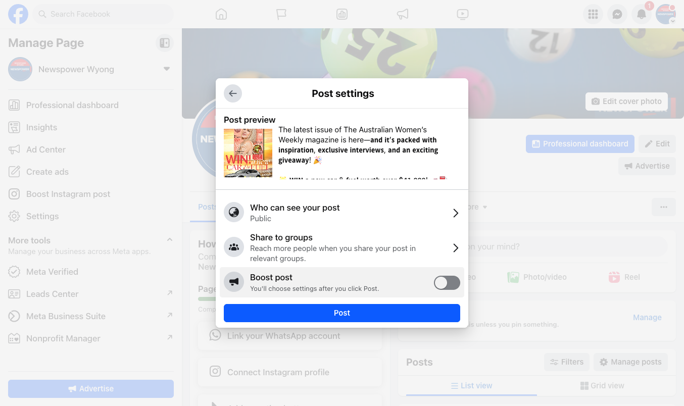 Optional - Click on Boost post for paid advertsing