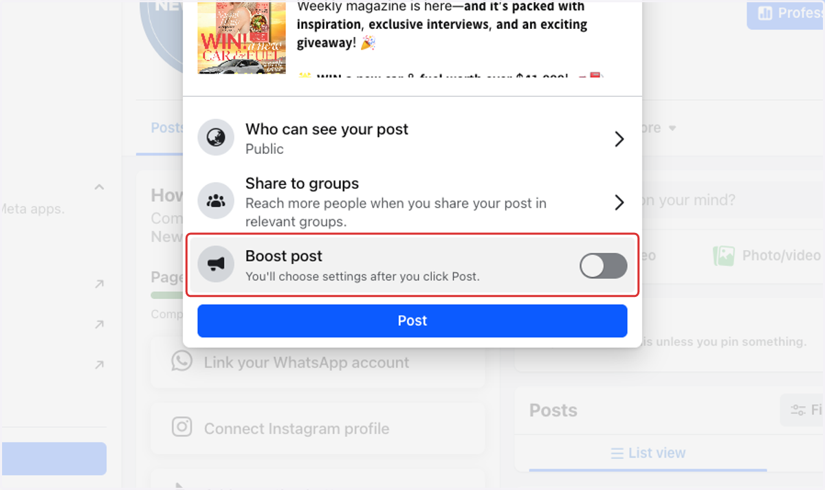 Optional - Click on Boost post for paid advertsing