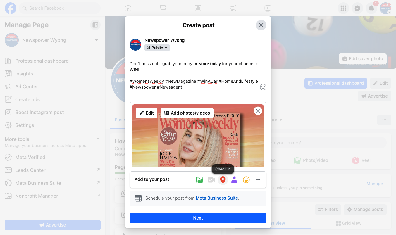 Optional - Click on Check in if you want to add a location