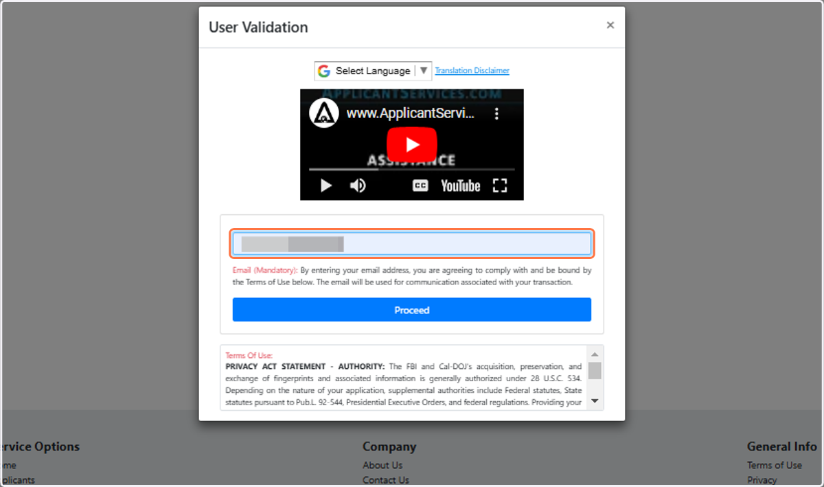 Type Your email address in the user Validation Box and click Proceed