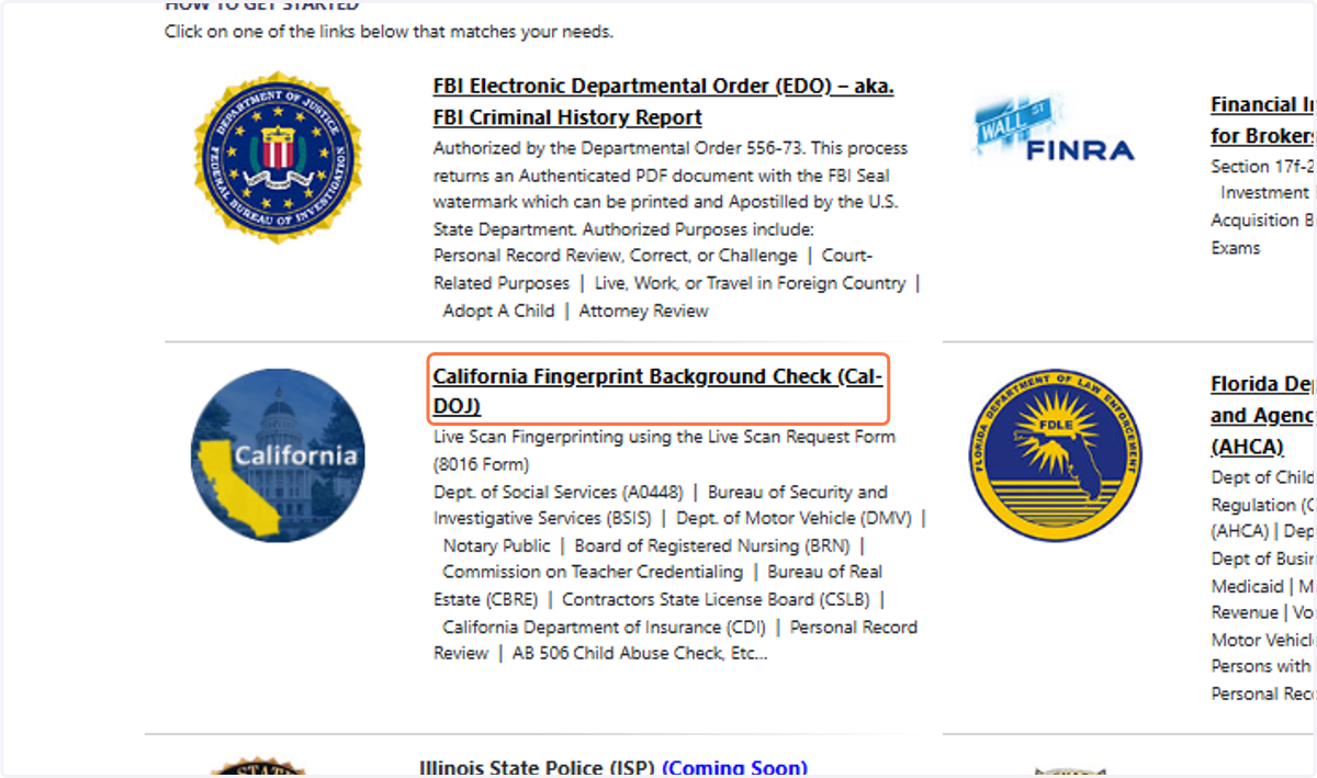 Click on California Fingerprint Background Check (Cal-DOJ)