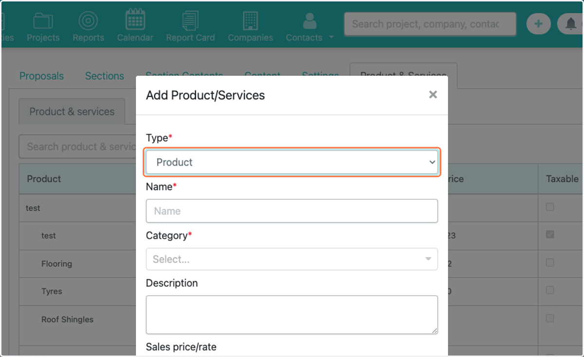 Select Type (Product or Service)