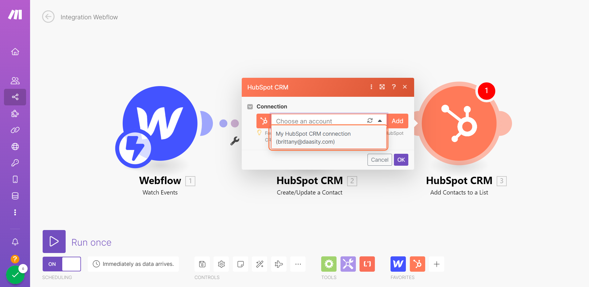 Click on My HubSpot CRM connection (brittany@daasity.com)