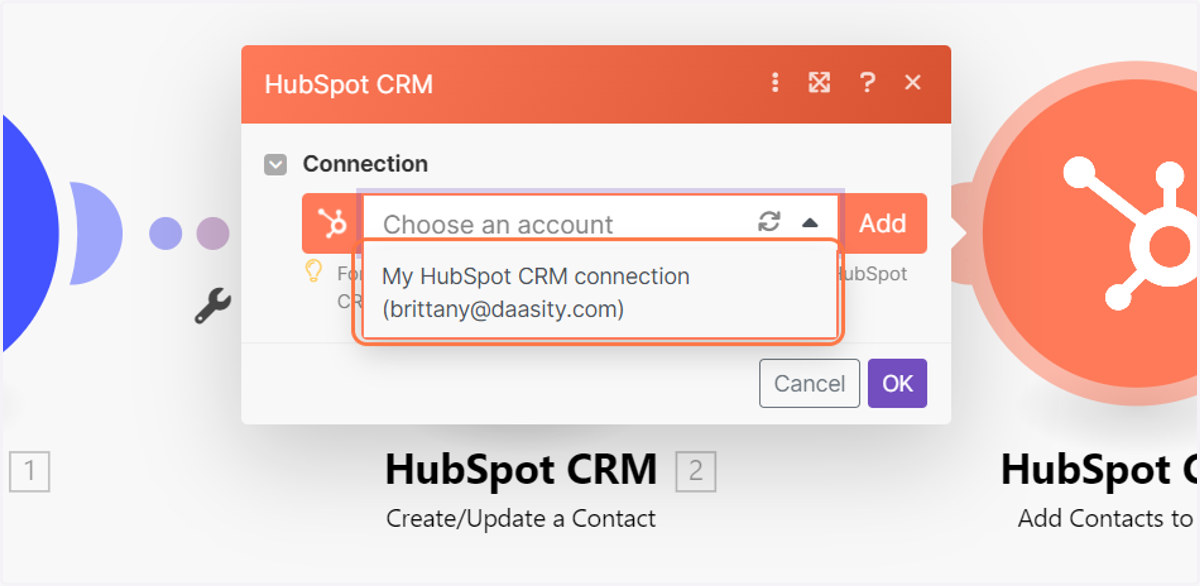 Click on My HubSpot CRM connection (brittany@daasity.com)