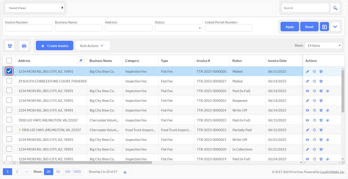 Select one or more Invoices for Bulk Actions.