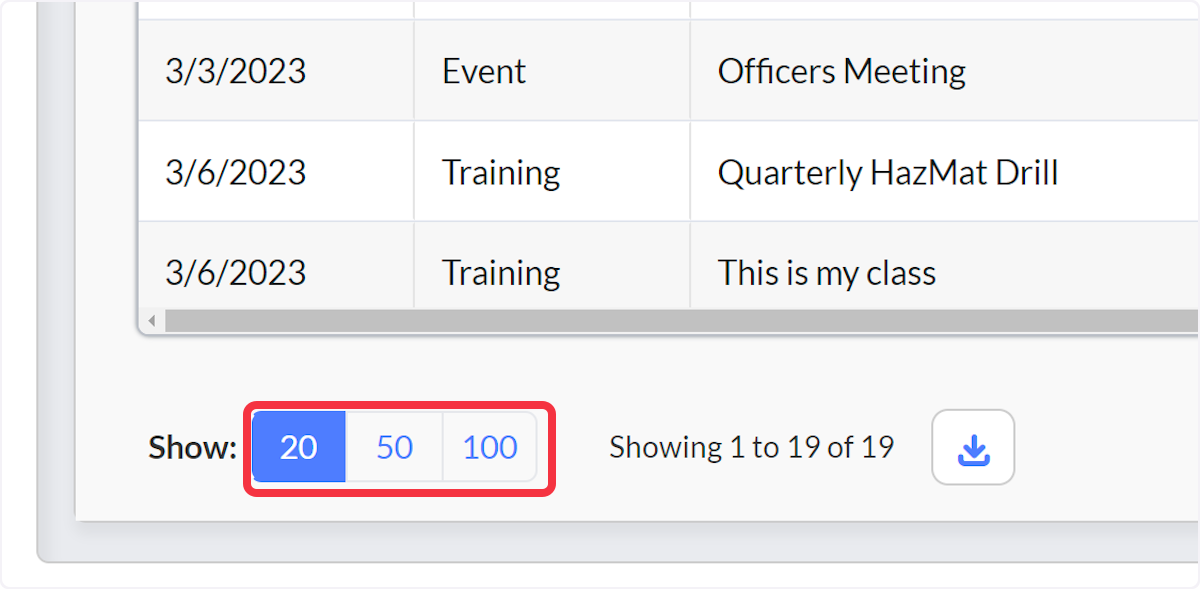Choose how many items to appear on current page by selecting 20, 50 or 100.