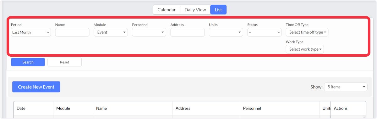 Narrow down the event list with the advance search fields.