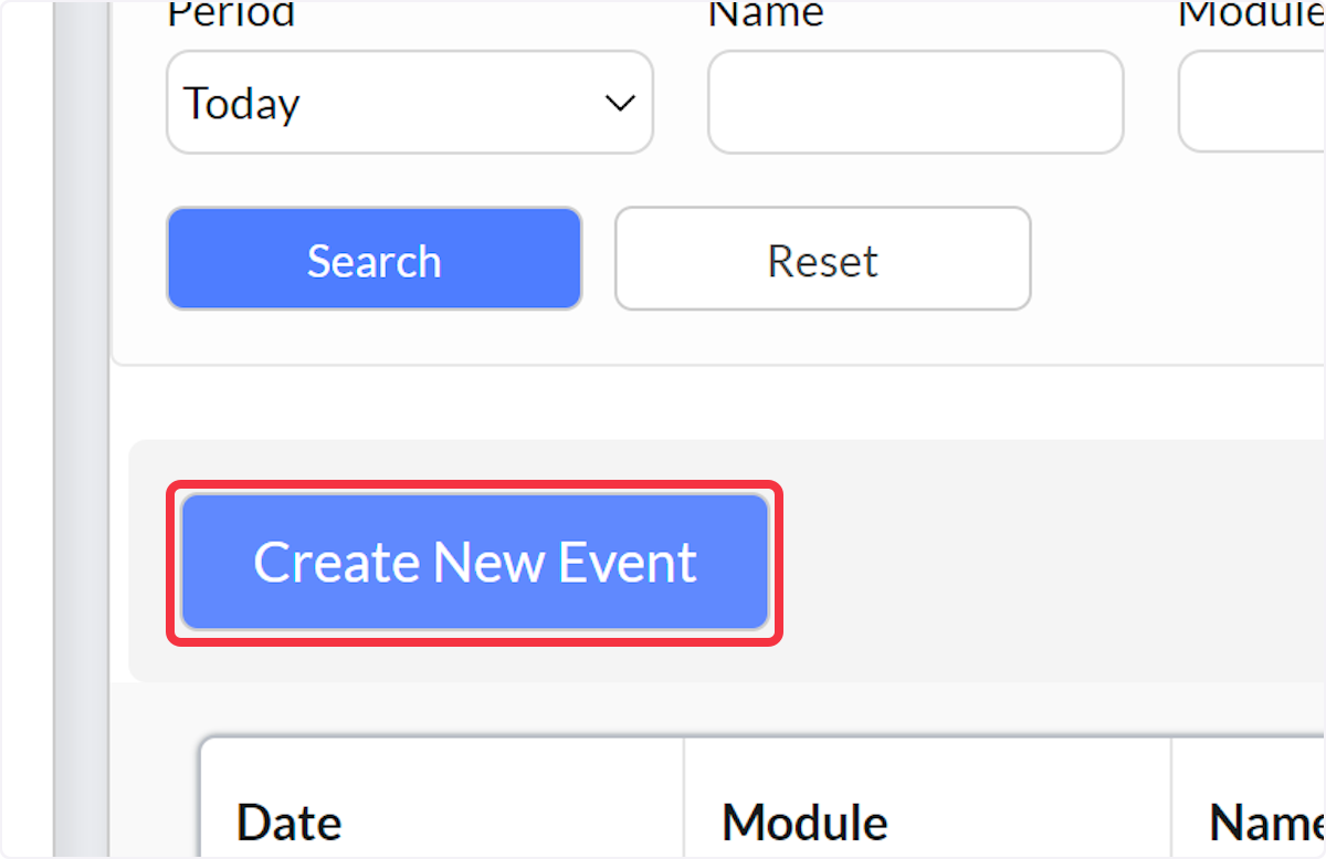 A new event can be created from the List tab by selecting Create New Event.
