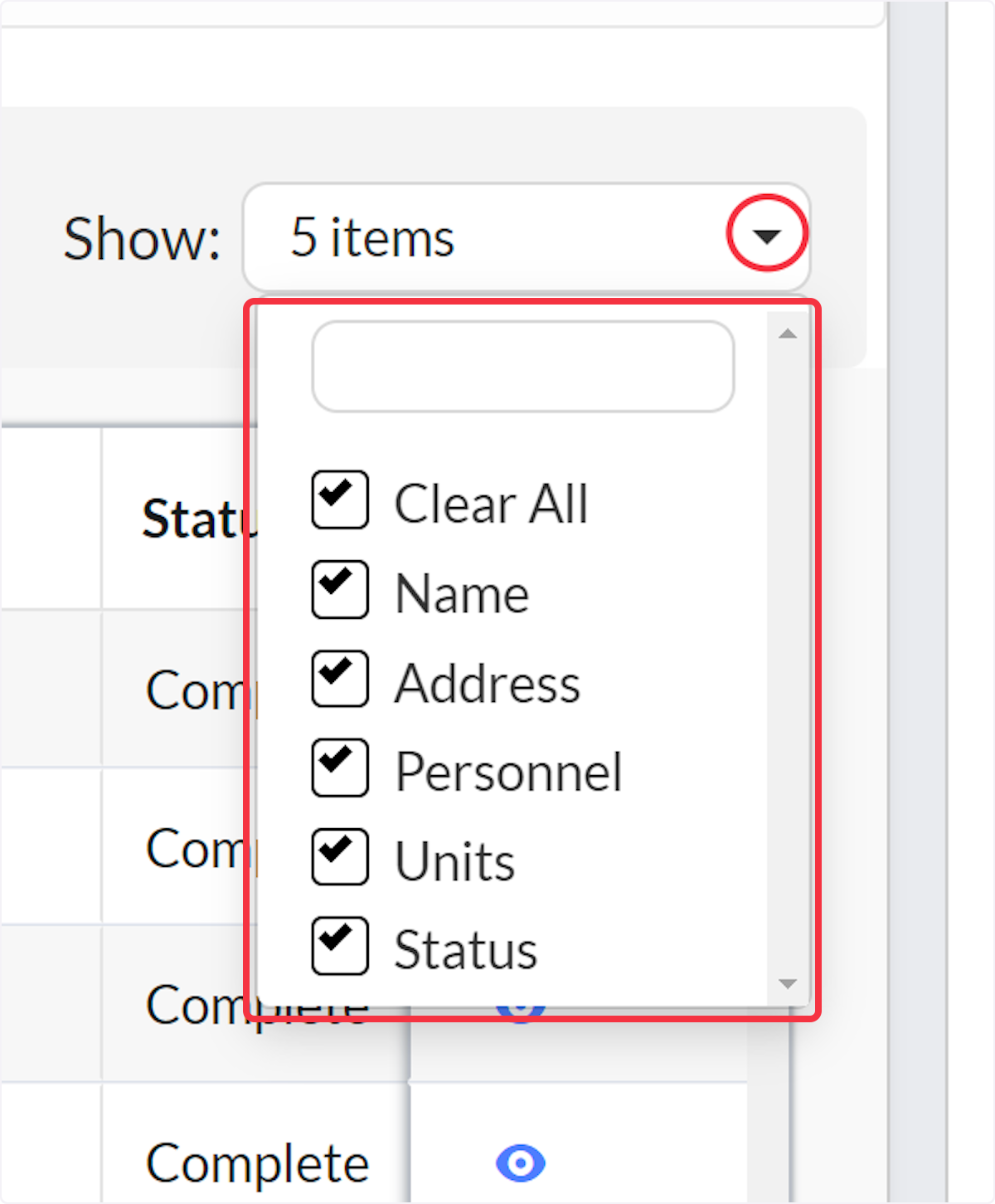 Select what columns to appear using the Show dropdown.