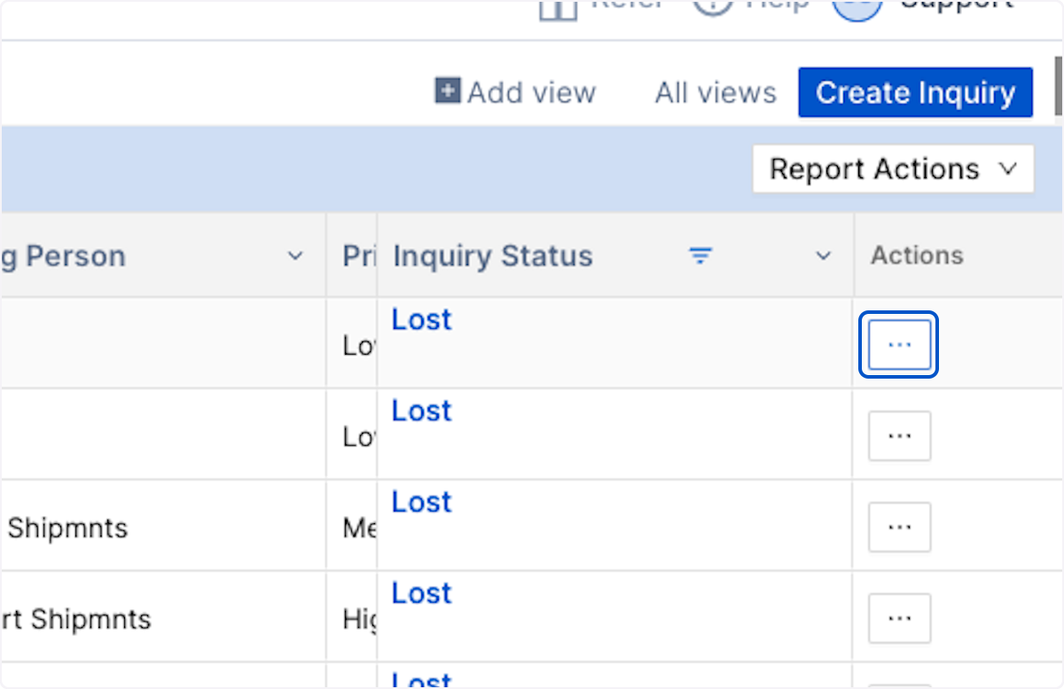 Click on the 3 dots under action column beside the Inquiry that you'd like to change from Lost to Won