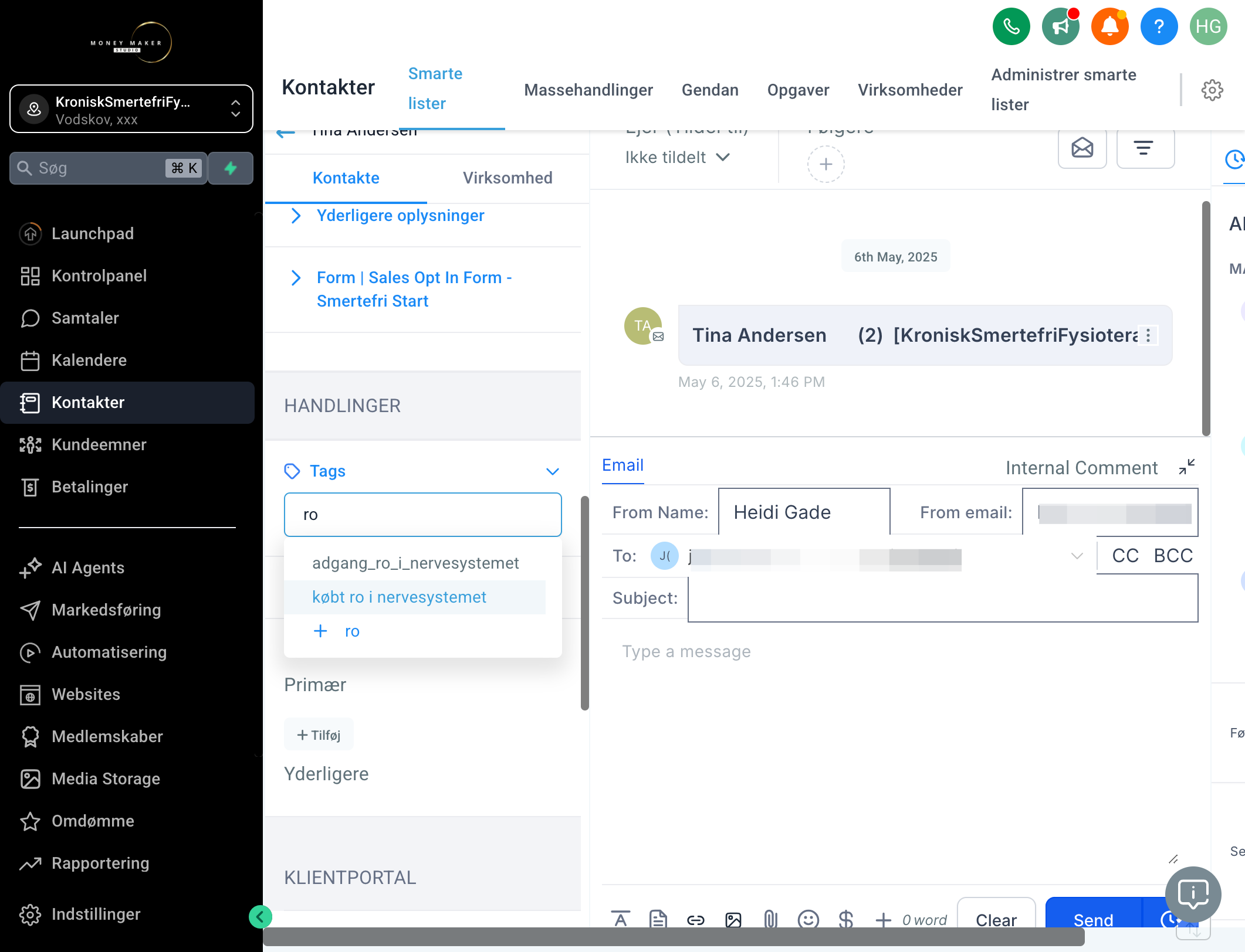 Gå ind på Kontakt-profilen for din kunde og scroll ned til Tags. Tilføj de tags kunden burde have fået i workflowet/workflows, fx "købt ro i nervesystemet" og "adgang_ro_i_nervesystemet"