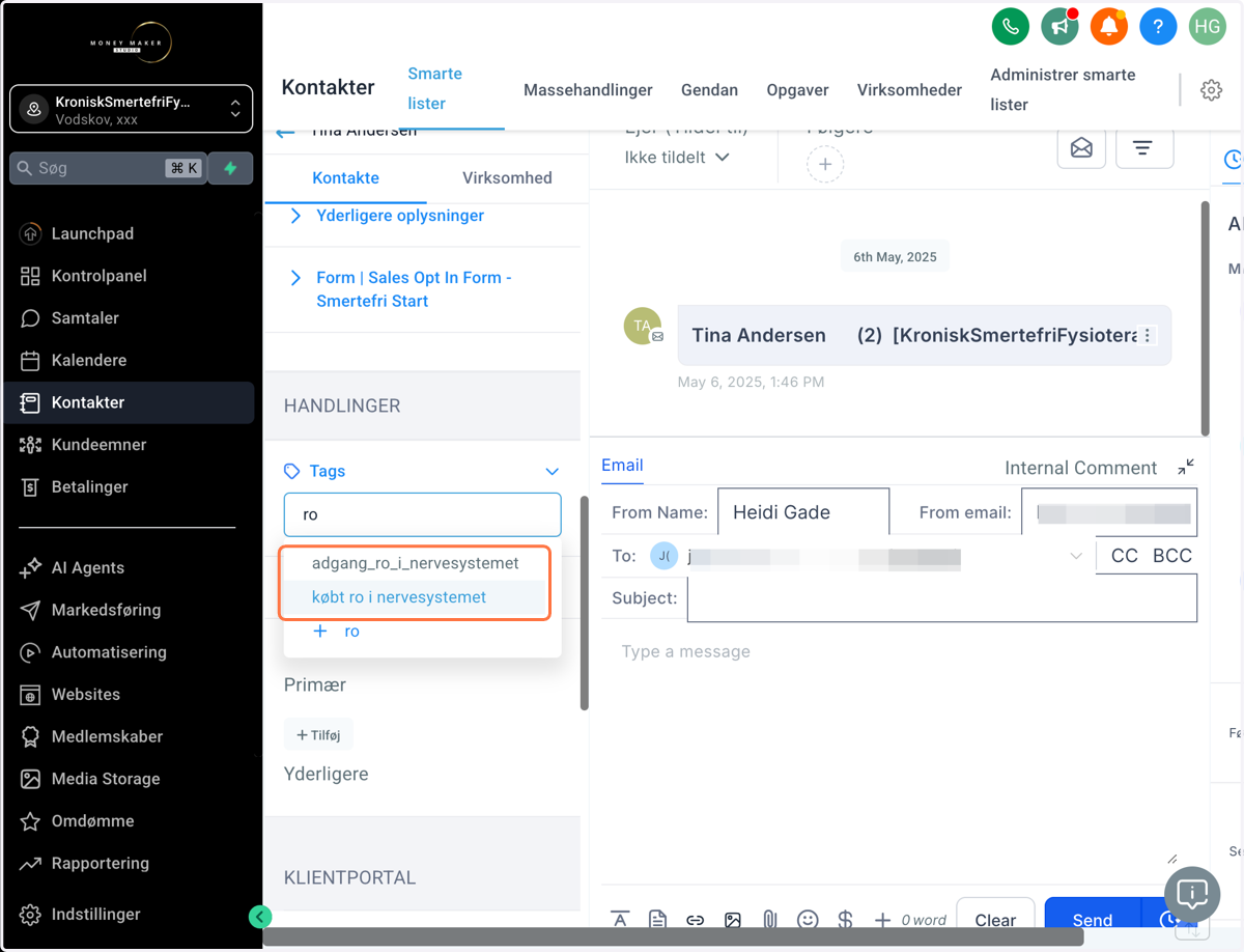 Gå ind på Kontakt-profilen for din kunde og scroll ned til Tags. Tilføj de tags kunden burde have fået i workflowet/workflows, fx "købt ro i nervesystemet" og "adgang_ro_i_nervesystemet"