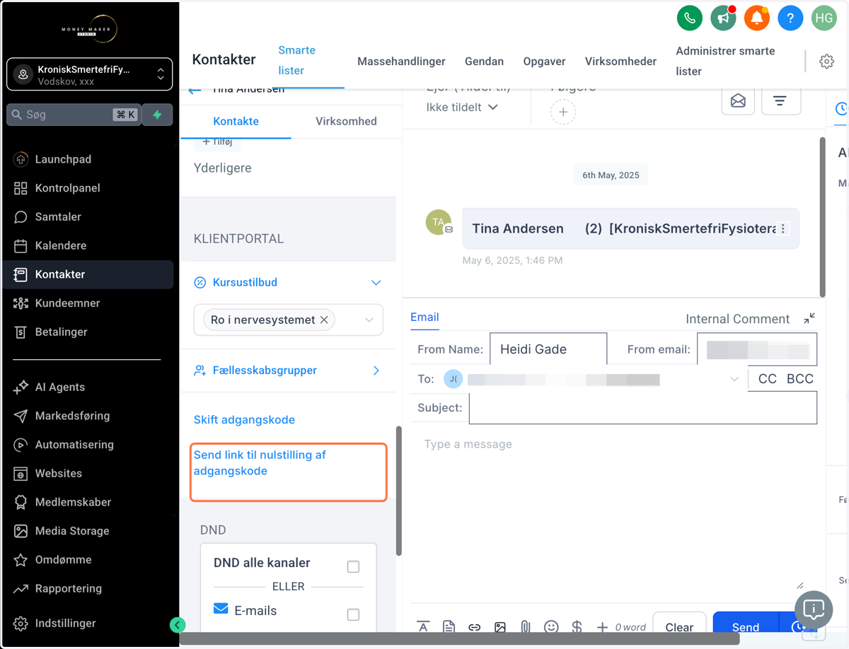 For at sende din kunde login-oplysninger, kan du enten vælge at klikke på "Send reset password link/Send link til nulstilling af adgangskode" eller....