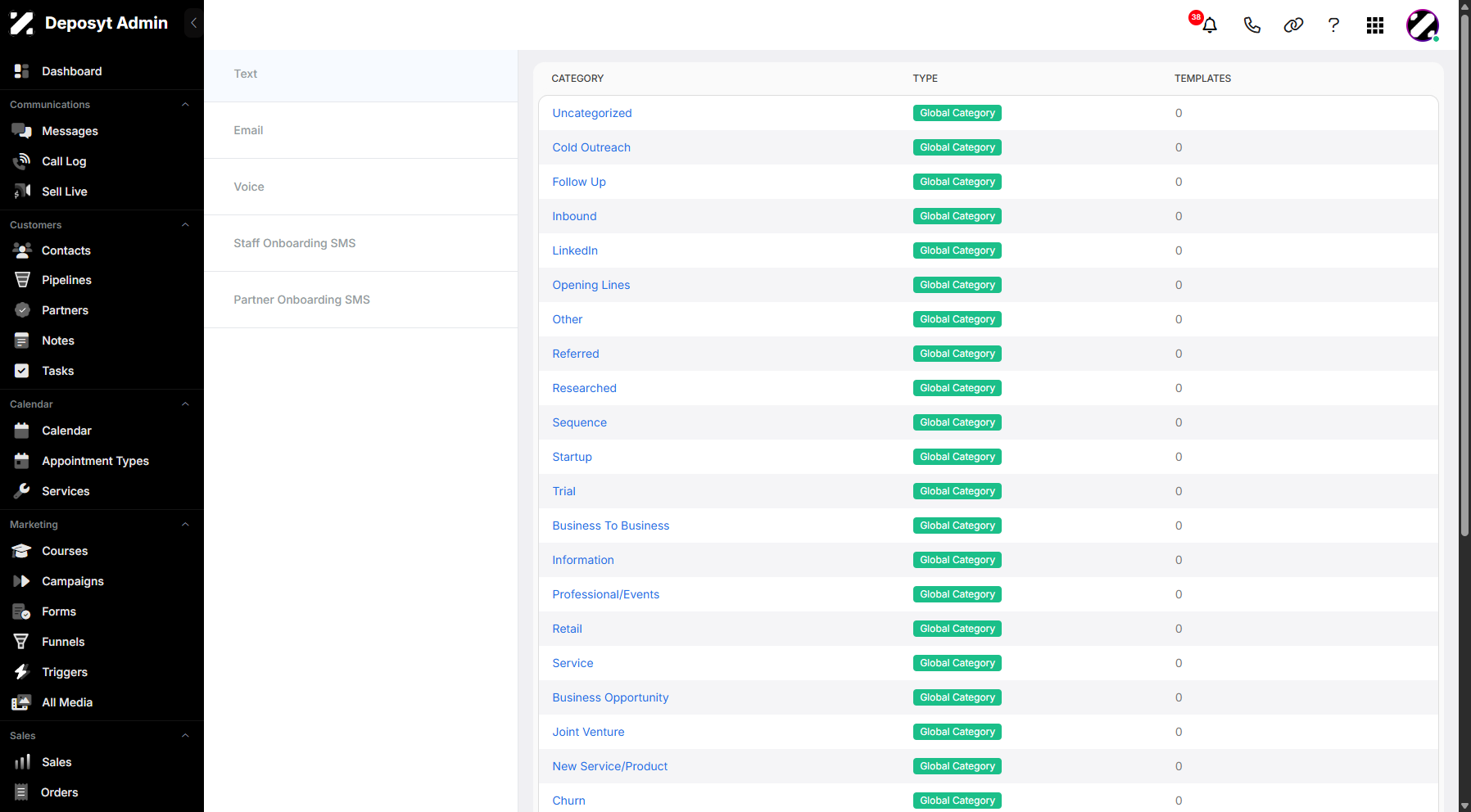 Step 4: You will then be redirected to the Templates section. This section allows you to manage text and email templates. You can also manage voice messages and staff and partner onboarding SMS.