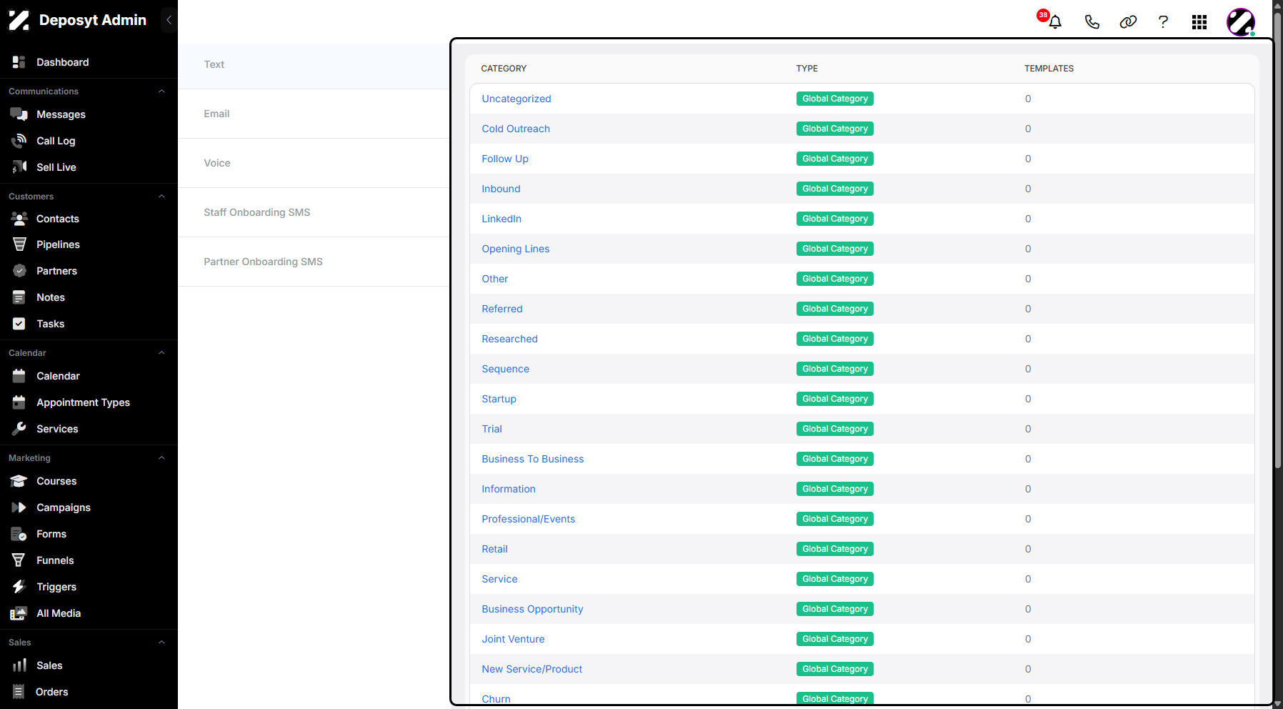 Step 4: You will then be redirected to the Templates section. This section allows you to manage text and email templates. You can also manage voice messages and staff and partner onboarding SMS.