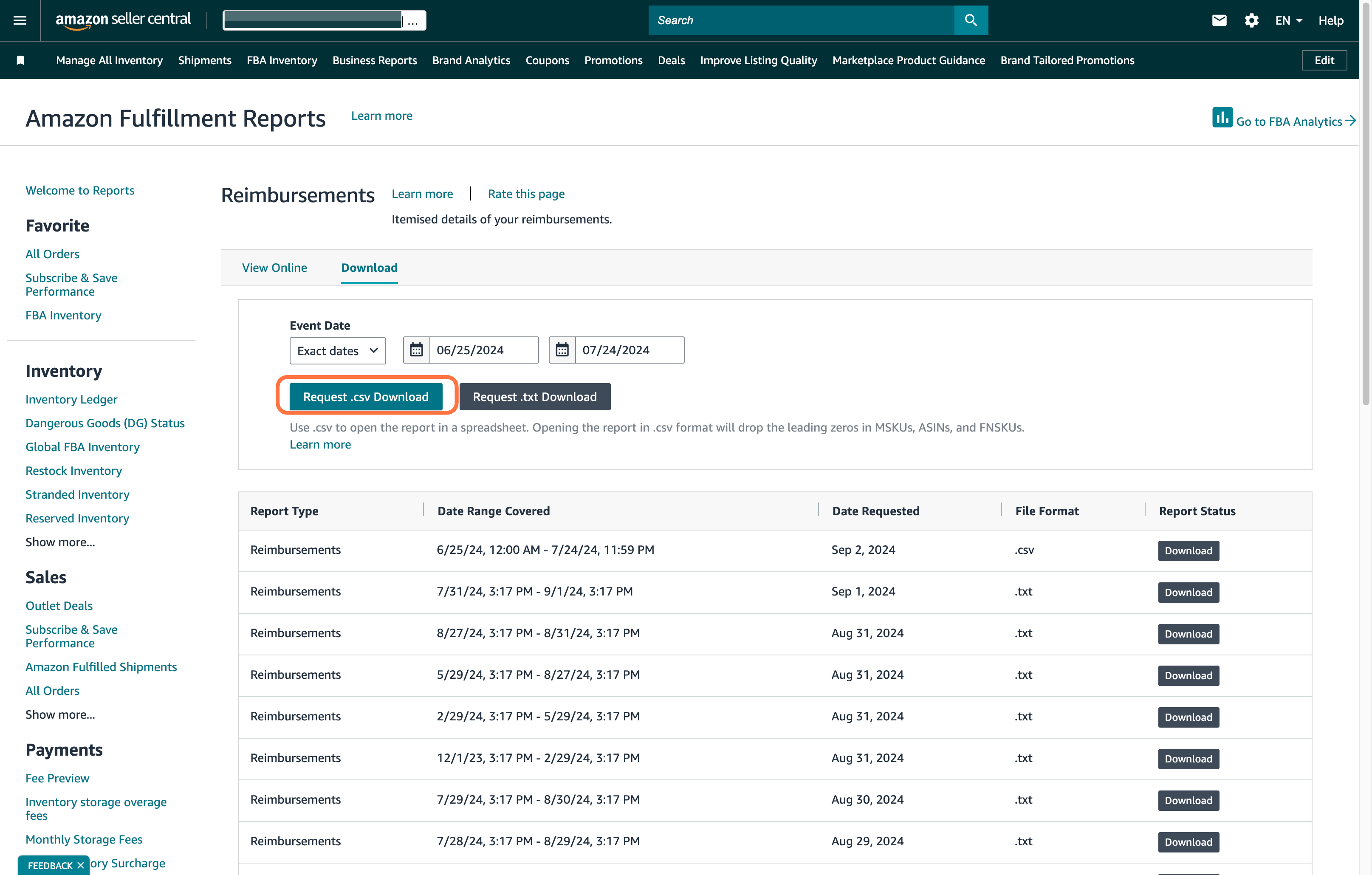 Click on Request .csv Download