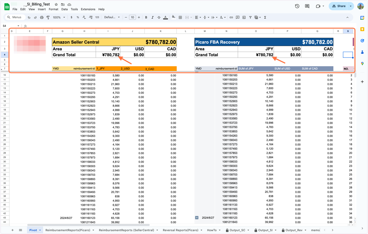 Picaro FBA Recovery と Amazon Seller Centralの数字が合致しているか確認