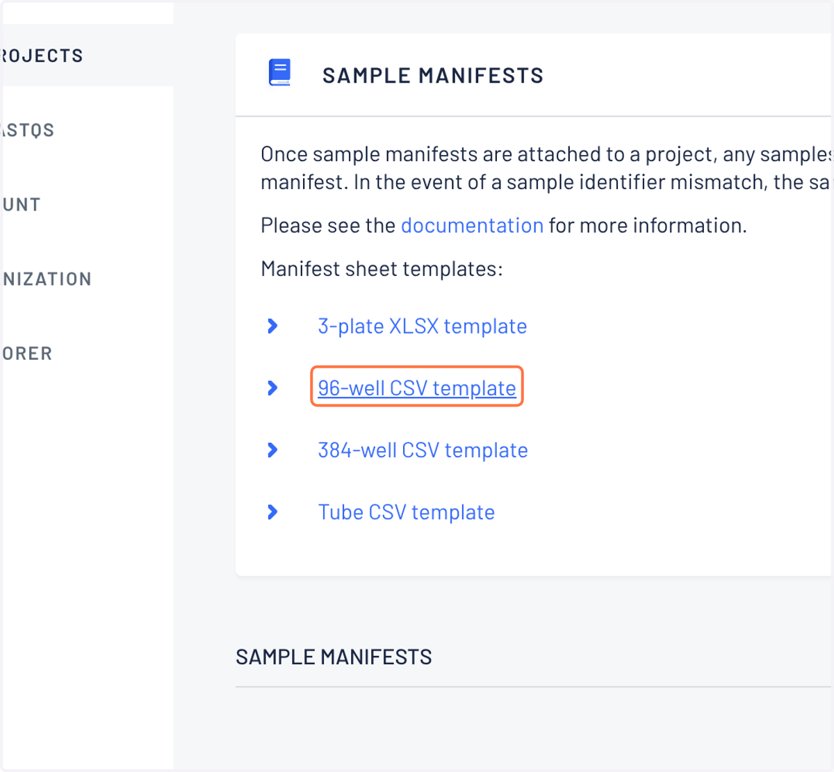 From this page, you can also download manifest sheet templates. These can also be downloaded from from the support hub.