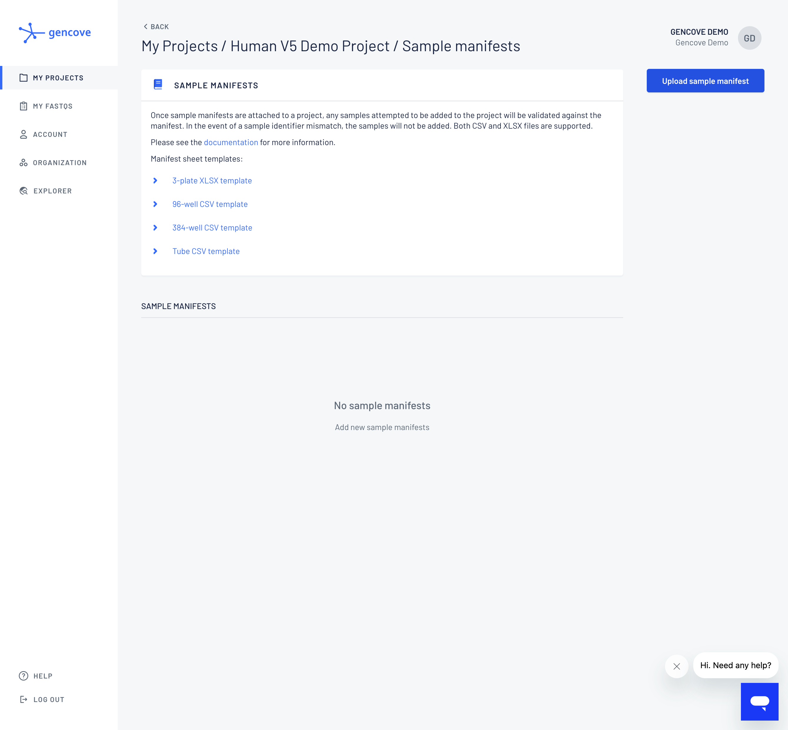 Click on Upload sample manifest