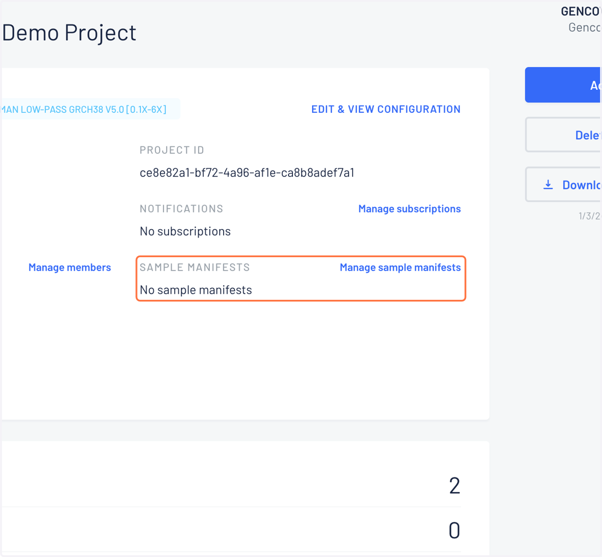 Under the project detail page, users can click the "Manage sample manifests" section to view the manifest management page.