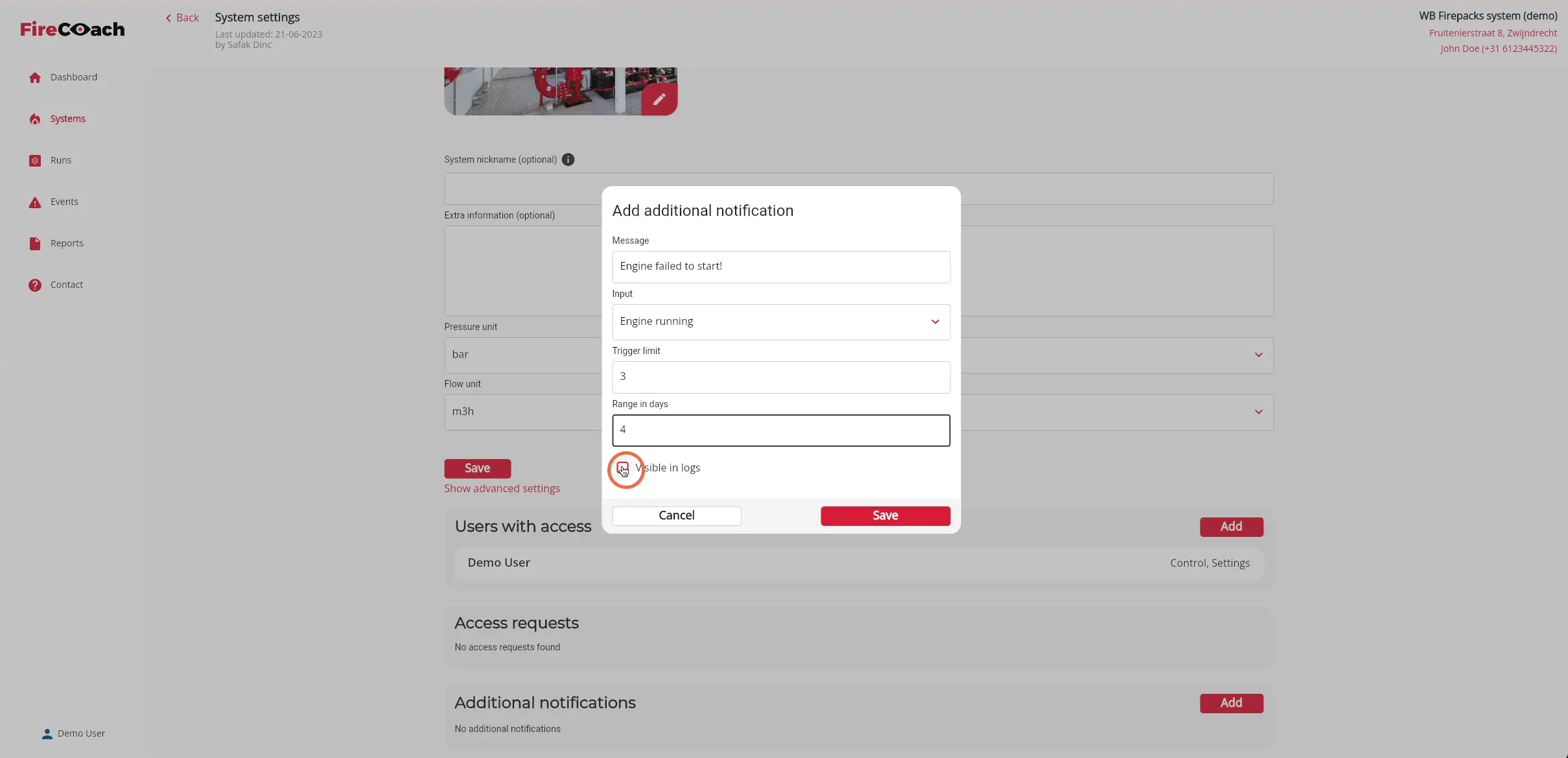 Enable the checkbox to show the notification in logs