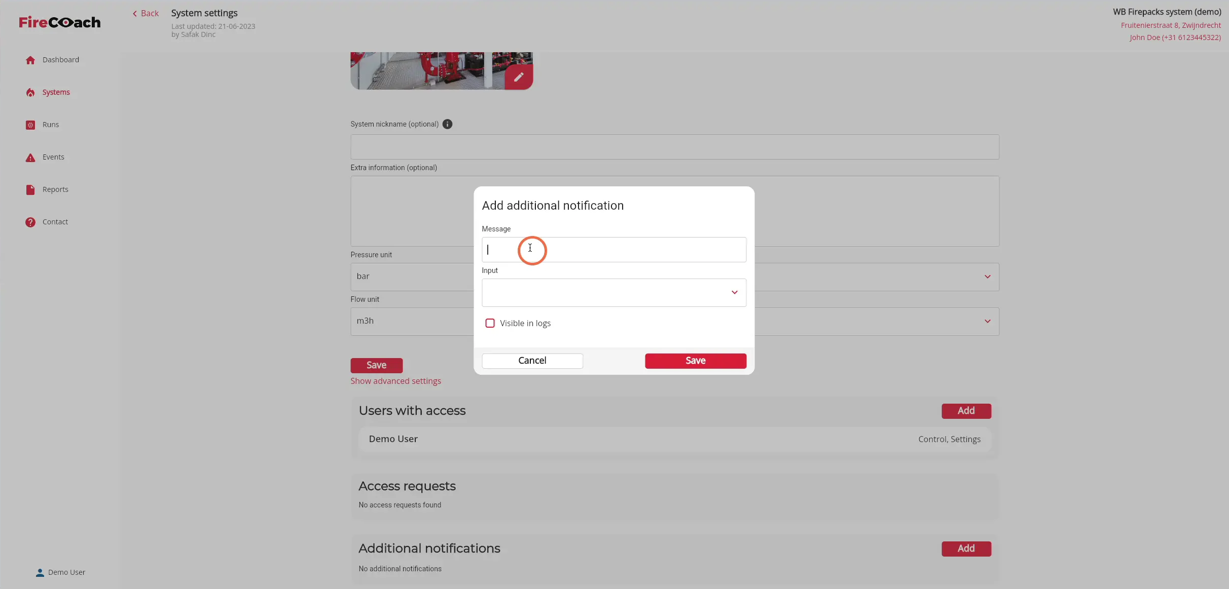 Click here to open the dropdown of the different possible input-types that will trigger the notification