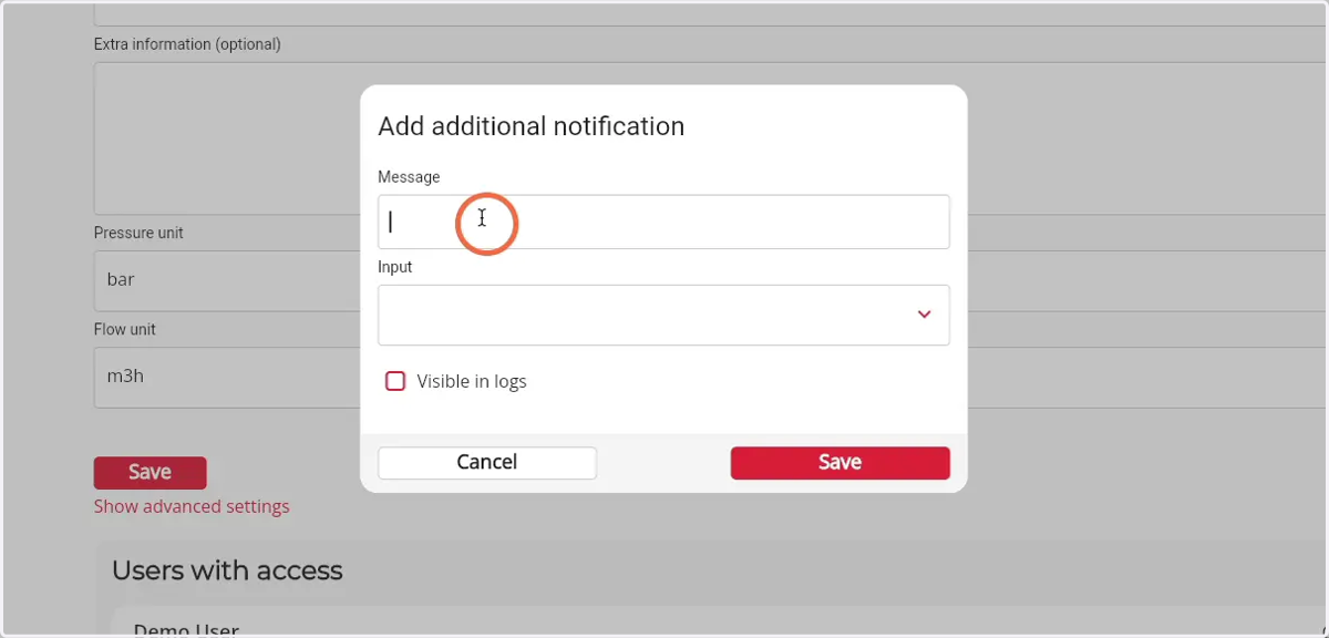 Click here to open the dropdown of the different possible input-types that will trigger the notification