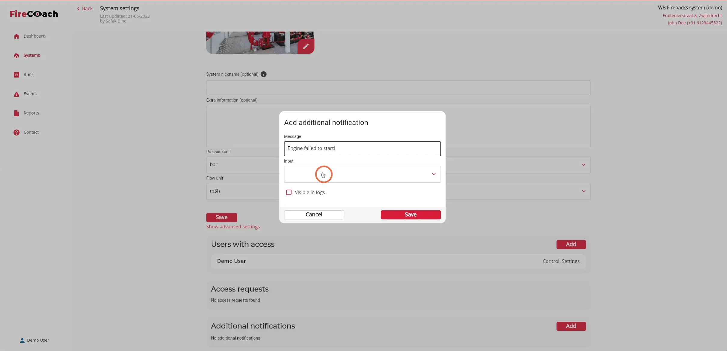 Click here to open the dropdown of the different possible input-types that will trigger the notification