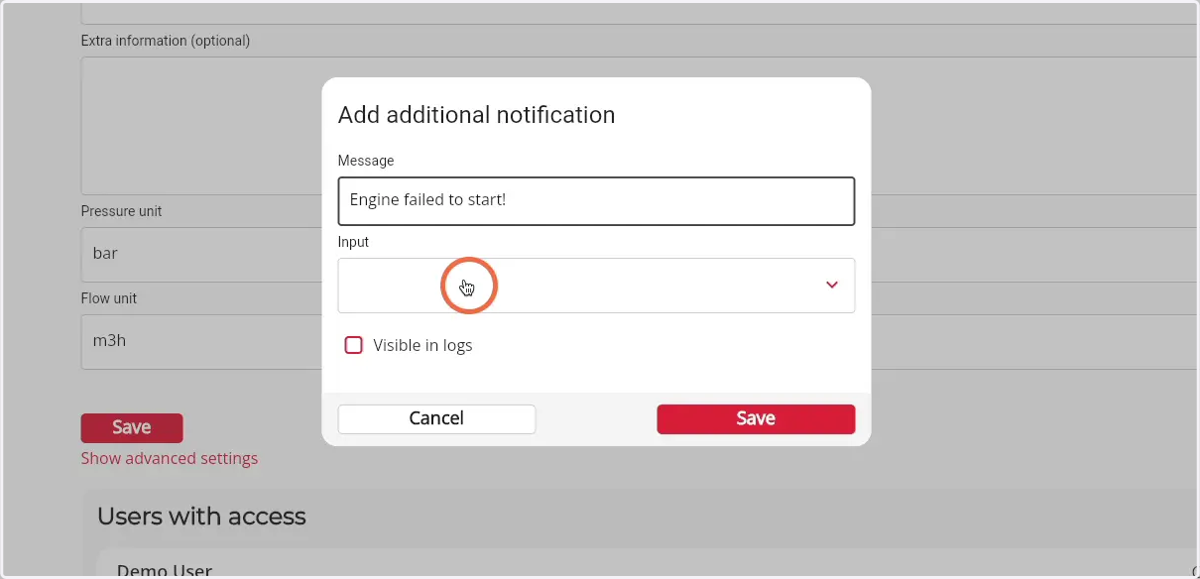 Click here to open the dropdown of the different possible input-types that will trigger the notification