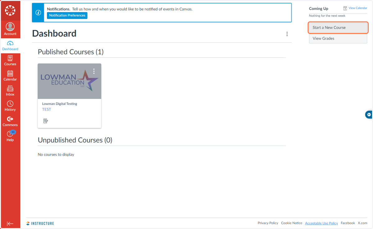 Click Start a New Course from the dashboard
