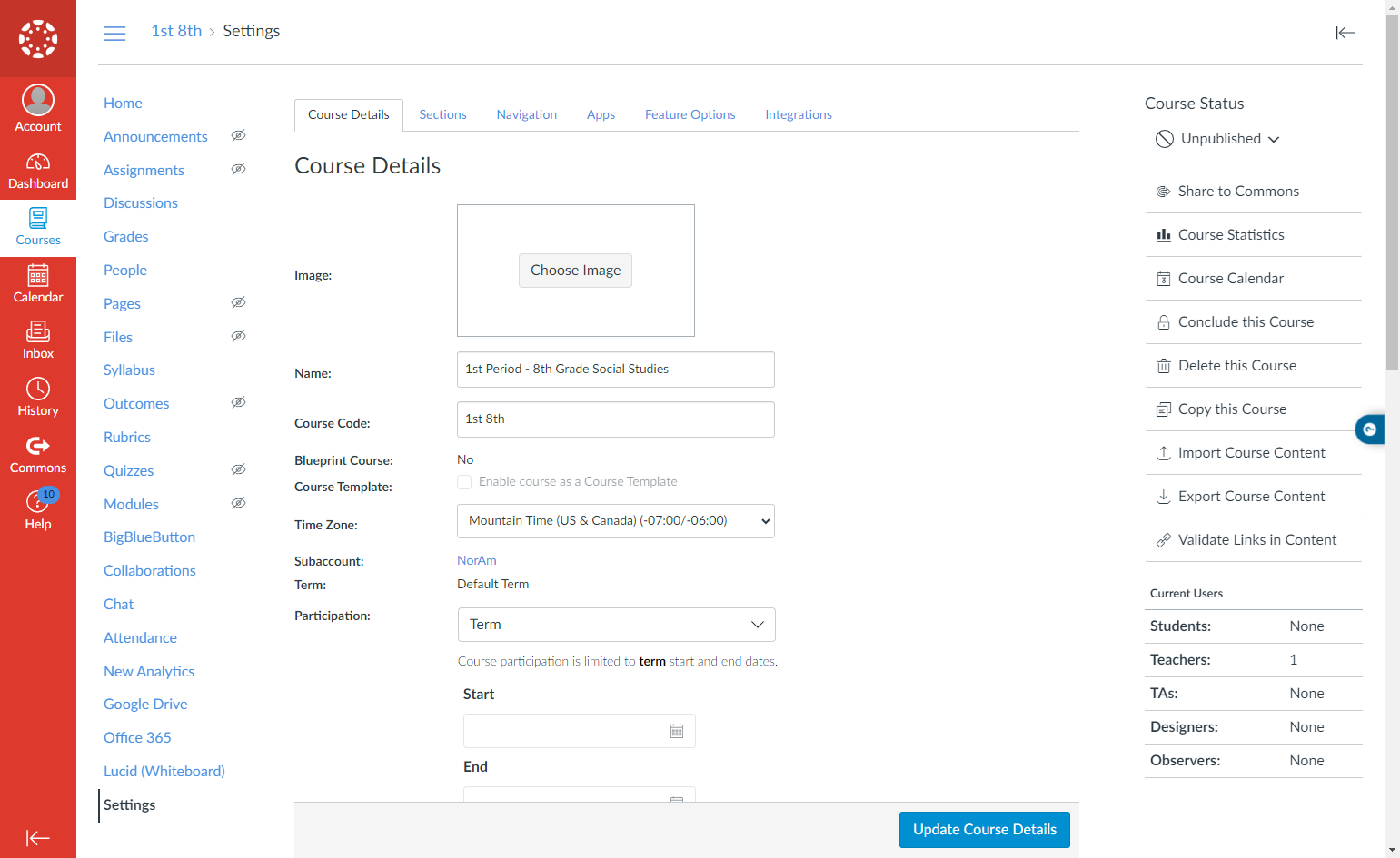 Fill in course information and click Update Course Details