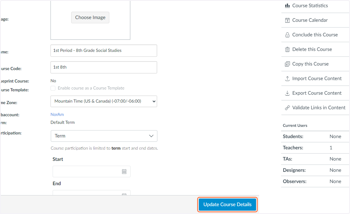 Fill in course information and click Update Course Details