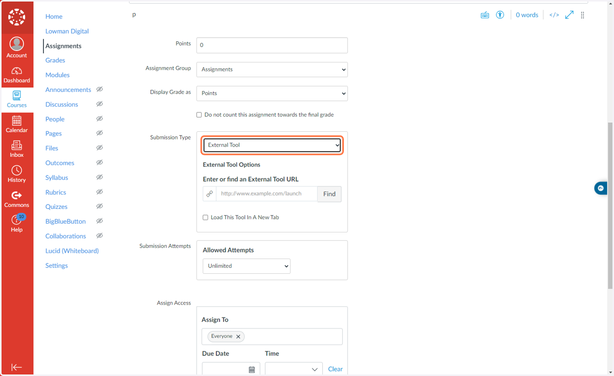 Select External Tool under Submission Type